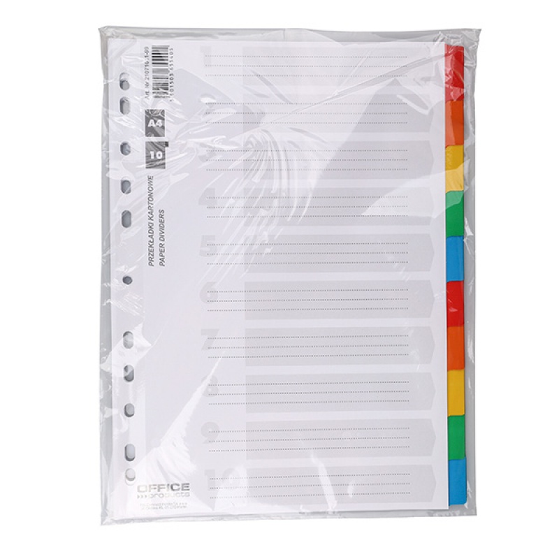 Przekładki OFFICE PRODUCT, karton, A4, 227x297mm, 10 kart, lam. indeks, mix kolorów
