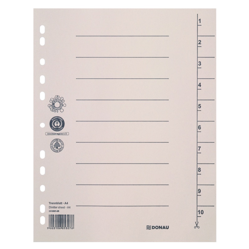Przekładki DONAU, karton, A4, 235x300mm, 1-10, 10 kart, jasnobrązowe
