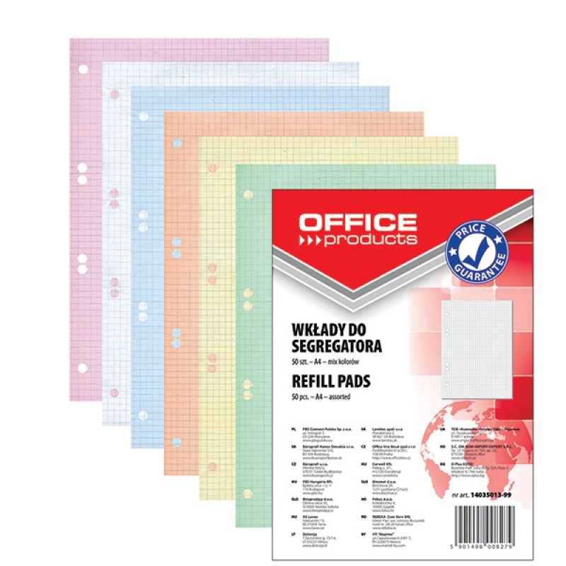 Wkład do segregatora OFFICE PRODUCTS, A4, w kratkę, 50 kart., mix kolorów