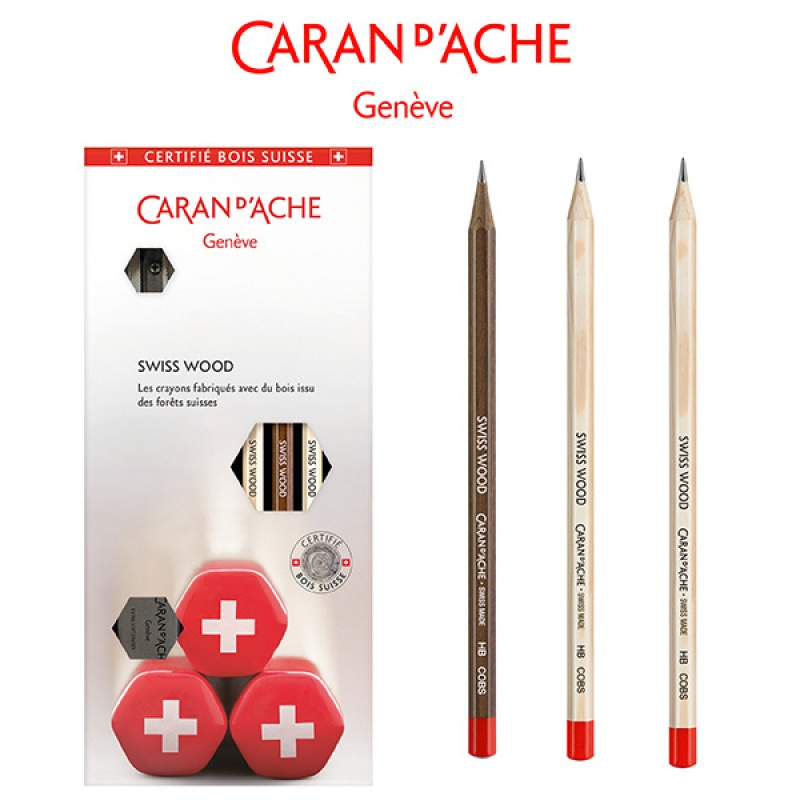 Zestaw ołówków CARAN D'ACHE SWISS WOOD, HB, 3szt + gumka i temperówka, mix kolorów