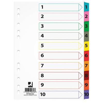 Przekładki Q-CONNECT Mylar, karton, A4, 225x297mm, 1-10, 10 kart, lam. indeks, mix kolorów