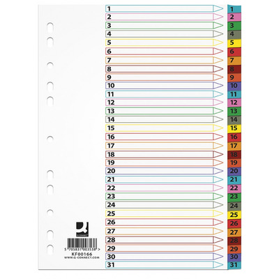 Przekładki Q-CONNECT Mylar, karton, A4, 225x297mm, 1-31, 31 kart, lam. indeks, mix kolorów