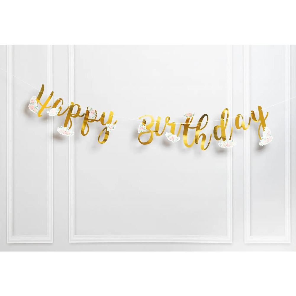 Baner urodzinowy z�oty napis Happy Birthday z elementami kwiat&oacute;w BF-984 GO PARTY