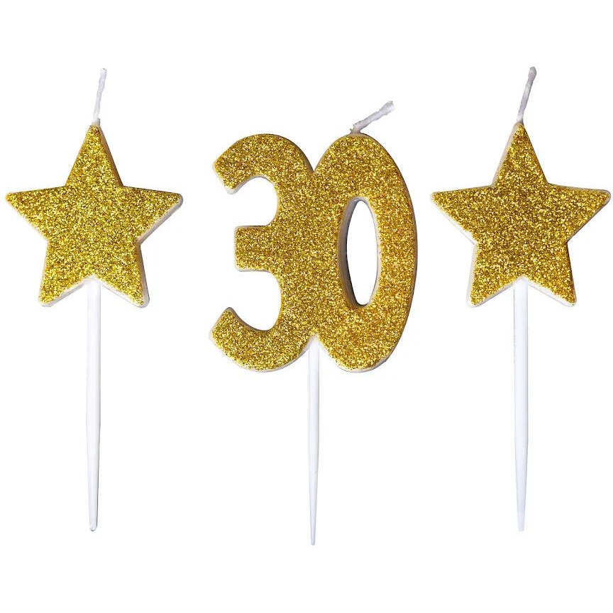 �wieczki urodzinowe z�oty brokat 30 dwie gwiazdki SH-588-30 GO PARTY