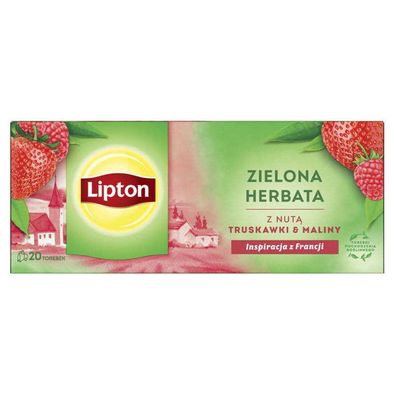 Herbata LIPTON zielona, z nut� truskawki i maliny, 20 torebek