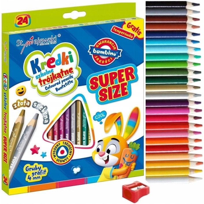Kredki szkolne tr&oacute;jk�tne grube Super Size Zestaw 24 kredek + temper&oacute;wka BAMBINO St.Majewski