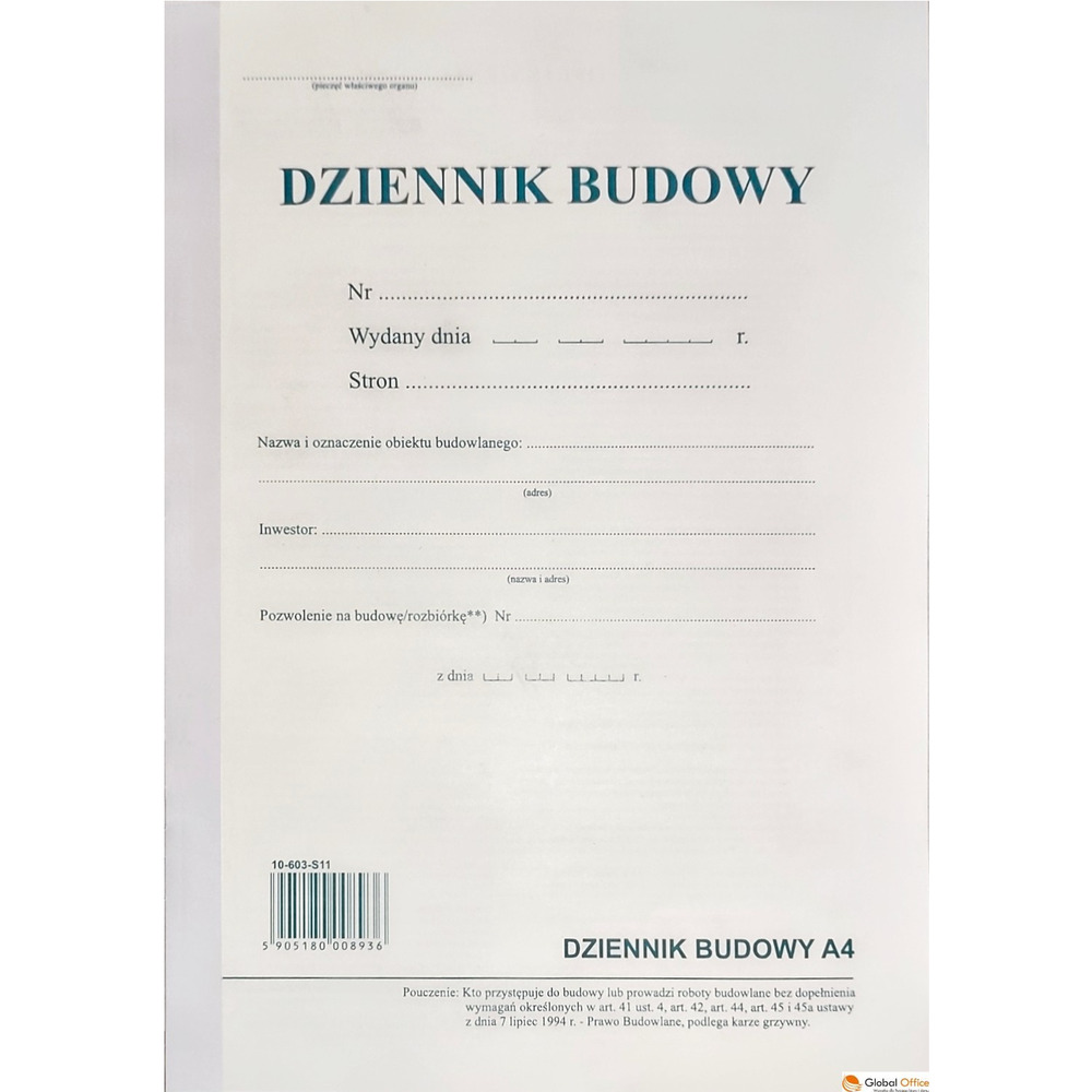 Dziennik budowy A4, 20 stron offset, 10-603-S11 DOTTS