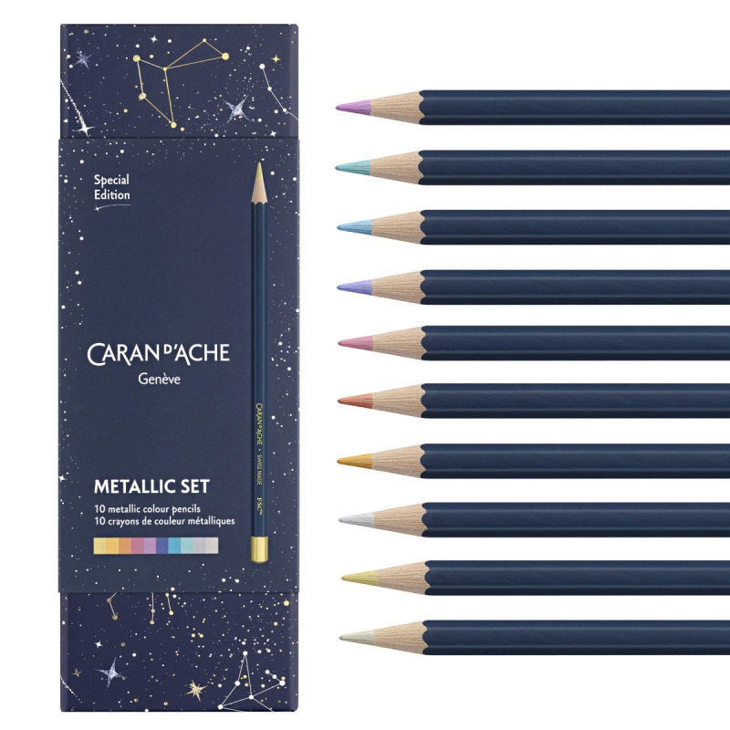 Kredki CARAN D'ACHE Cosmic Blue, w pude�ku, 10 szt., mix kolor&oacute;w metalicznych