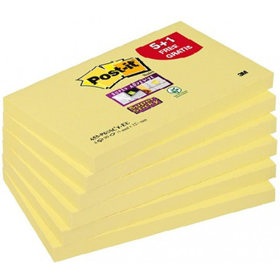Bloczek samop. POST-IT Super Sticky (655-P6SSCY-EU), 127x76xmm, 5+1x90 kart., żółty, 1 bloczek GRATIS