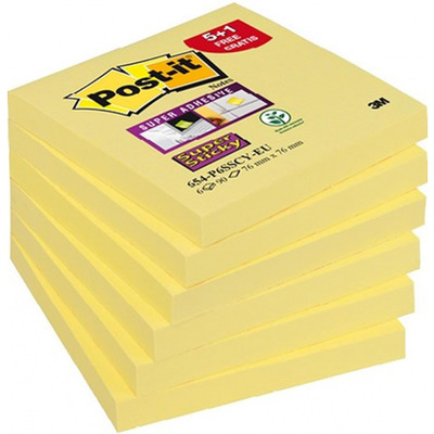 Bloczek samop. POST-IT Super Sticky (654-P6SSCY-EU), 76x76mm, 5+1x90 kart., żółty, 1 bloczek GRATIS
