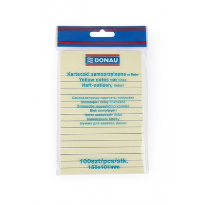 Bloczek samoprzylepny DONAU, 101x150mm, w lini�, 1x100 kart., 75gsm, �&oacute;�ty
