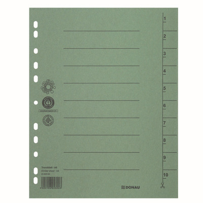 Przekładki DONAU, karton, A4, 235x300mm, 1-10, 10 kart, zielone