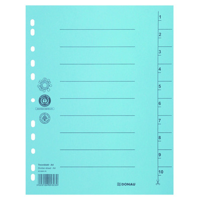 Przekładki DONAU, karton, A4, 235x300mm, 1-10, 10 kart, niebieskie