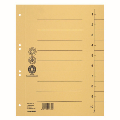 Przekładki DONAU, karton, A4, 235x300mm, 1-10, 10 kart, żółte