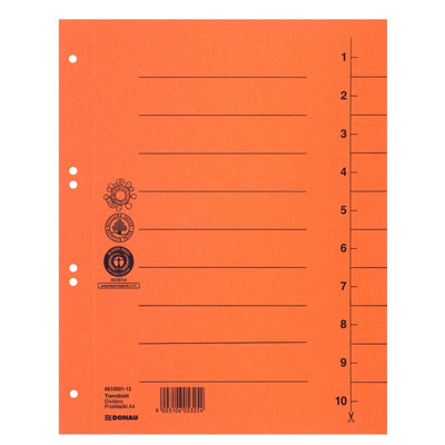 Przekładki DONAU, karton, A4, 235x300mm, 1-10, 10 kart, pomarańczowe