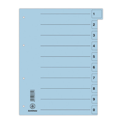 Przekładki DONAU, karton, A4, 235x300mm, 0-9, 10 kart z perforacją, niebieskie
