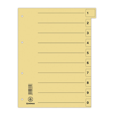 Przekładki DONAU, karton, A4, 235x300mm, 0-9, 10 kart z perforacją, żółte