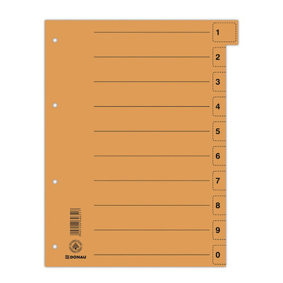 Przekładki DONAU, karton, A4, 235x300mm, 0-9, 10 kart z perforacją, pomarańczowe