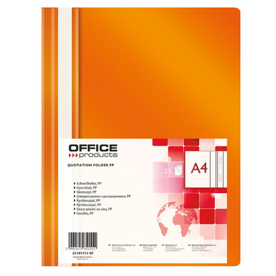 Skoroszyt OFFICE PRODUCTS, PP, A4, miękki, 100/170mikr., pomarańczowy
